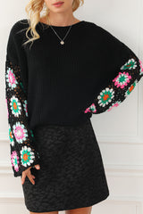 Black Floral Crochet Bell Sleeve Loose Sweater Sweaters JT's Designer Fashion
