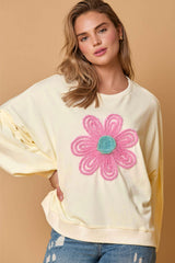 Beige Tinsel Flower Dropped Puff Sleeve Sweatshirt Sweatshirts & Hoodies JT's Designer Fashion