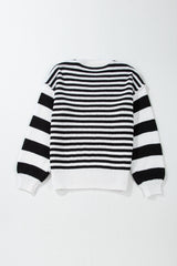 Black white Striped Drop Shoulder Bishop Sleeve Knit Sweater Sweaters JT's Designer Fashion