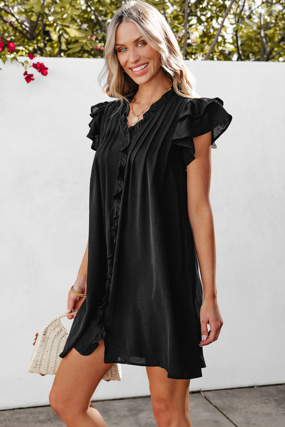 Black Ruffle Sleeve V Neck Frilled Shift Dress Mini Dresses JT's Designer Fashion