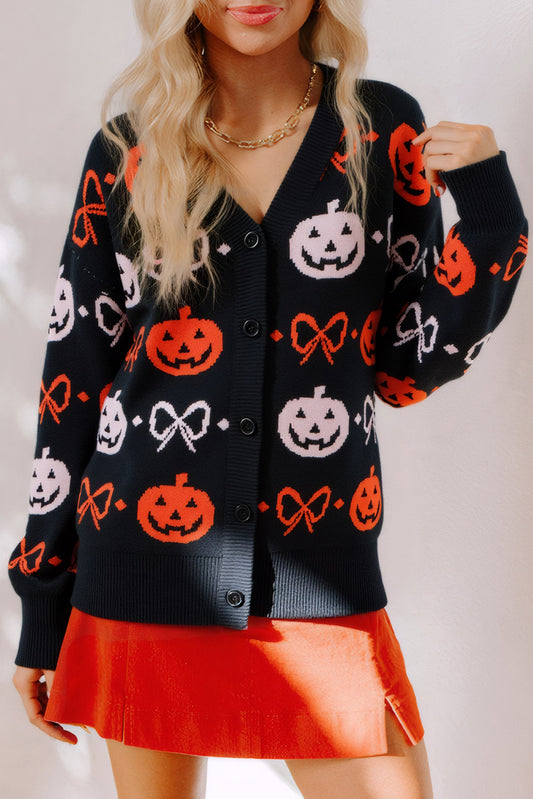 Black Halloween Pumpkin Bow Knit Button V Neck Sweater Cardigan Black 52%Viscose+26%Polyester+22%Polyamide Cardigans JT's Designer Fashion