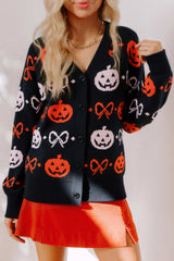 Black Halloween Pumpkin Bow Knit Button V Neck Sweater Cardigan Black 52%Viscose+26%Polyester+22%Polyamide Cardigans JT's Designer Fashion