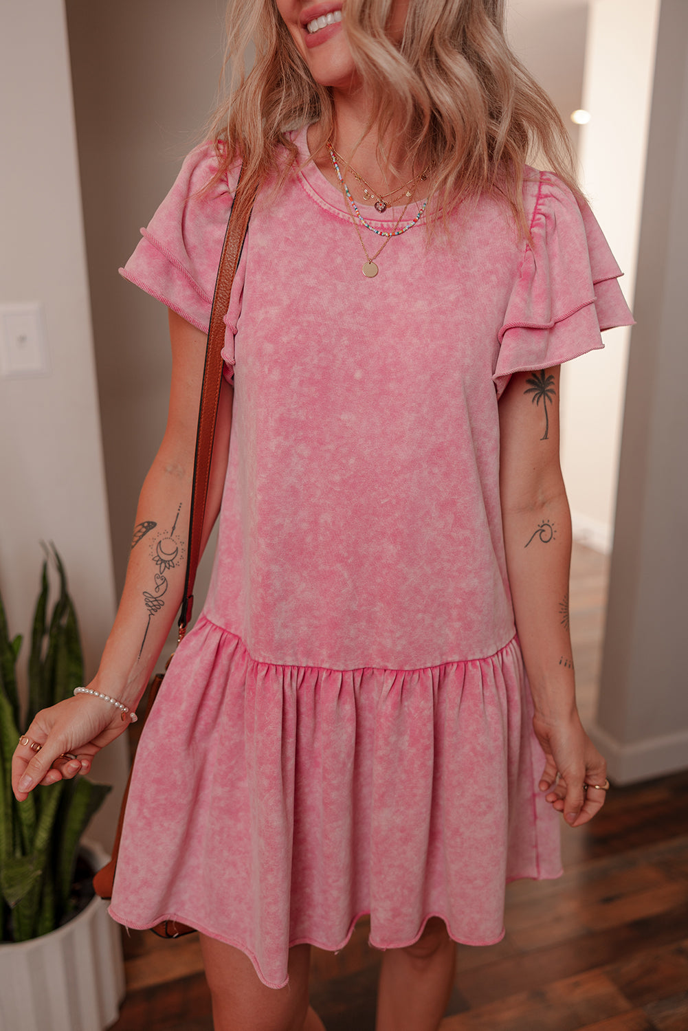 Sachet Pink Mineral Wash Raw Edge Ruffle Mini Dress Mini Dresses JT's Designer Fashion