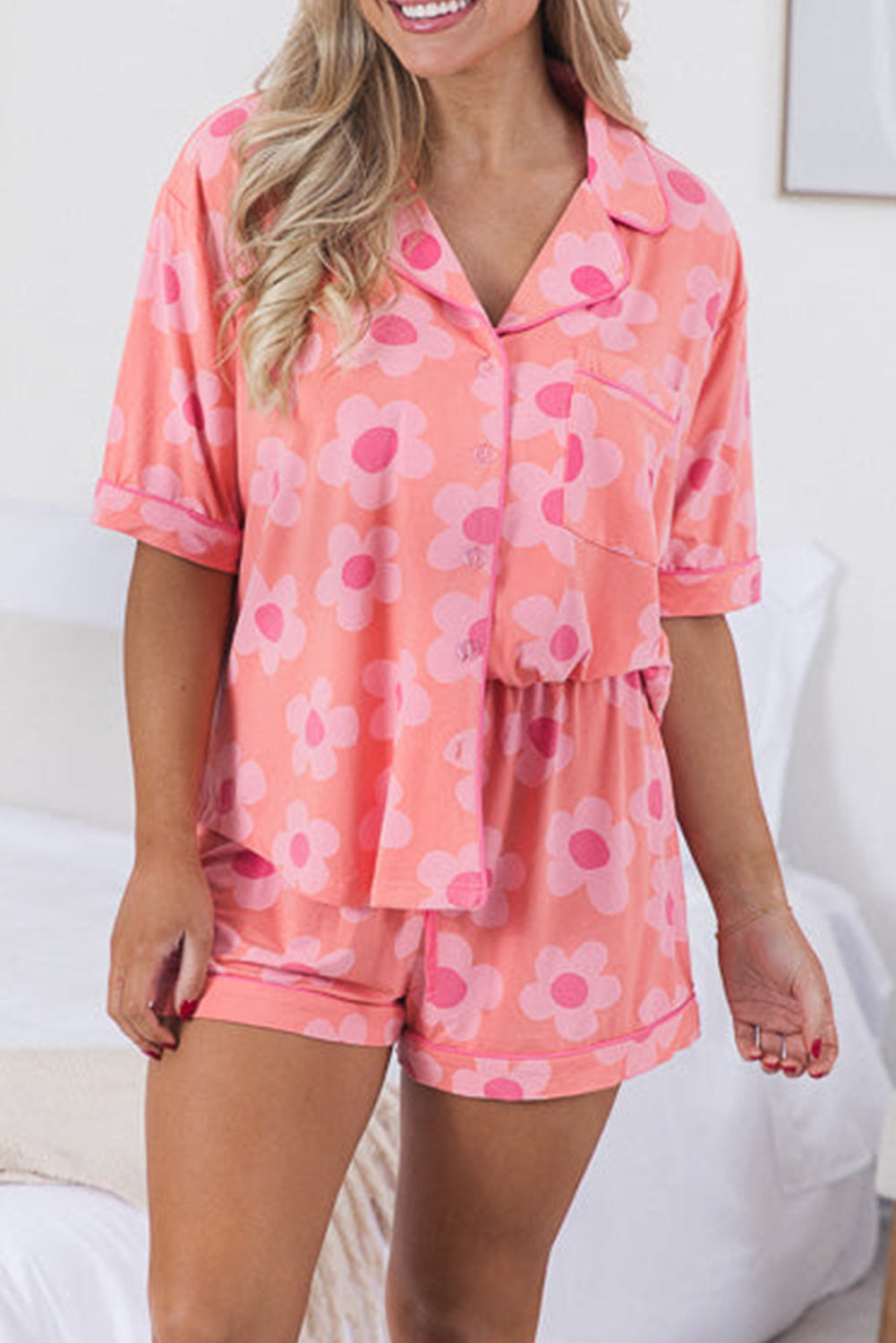 Pink Flower Print Buttoned Drawstring Waist Lounge Set Loungewear JT's Designer Fashion