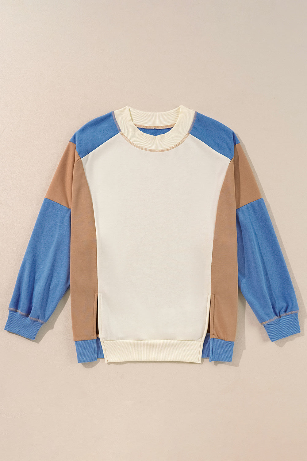 Sky Blue Ribbed Detail Color Block Sleeve Baggy Sweatshirt Sweatshirts & Hoodies JT's Designer Fashion