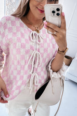 Light Pink Checkered Knitted Lace-up Ruffled 3/4 Sleeve Cardigan Cardigans JT's Designer Fashion