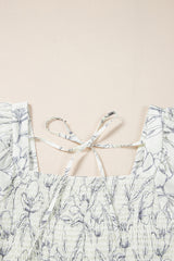 Beige Floral Print Square Neck Shirred Back Puff Sleeve Mini Dress Floral Dresses JT's Designer Fashion