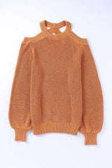 Brown Crew Neck Cold Shoulder Hollow-out Back Sweater Sweaters & Cardigans JT's Designer Fashion
