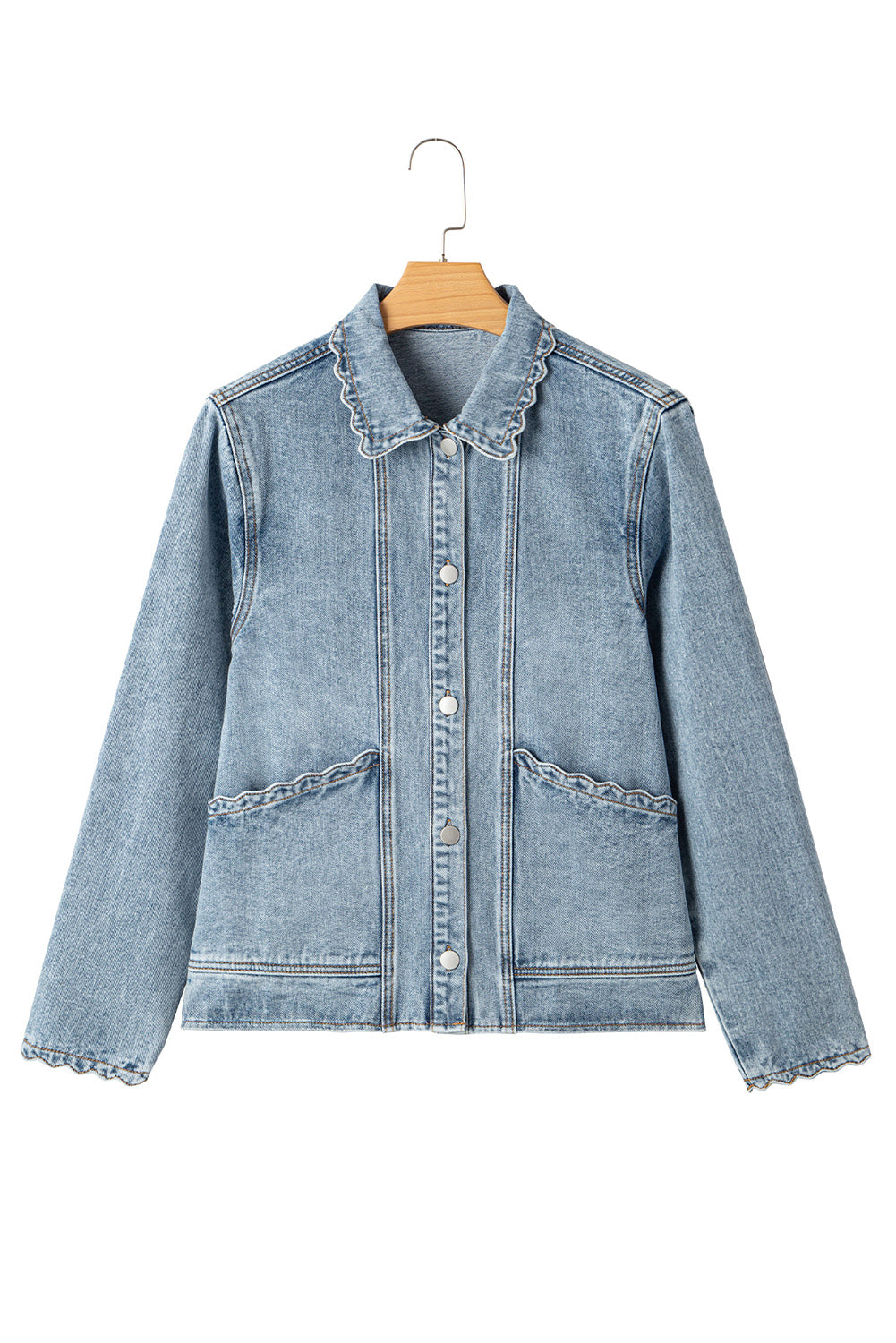 Myosotis Scallop Trim Collar Patched Pocket Button Up Denim Jacket Denim Jackets JT's Designer Fashion