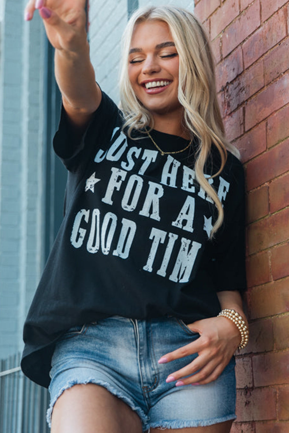 Black Just Here For A Good Time Graphic Round Neck T Shirt Graphic Tees JT's Designer Fashion