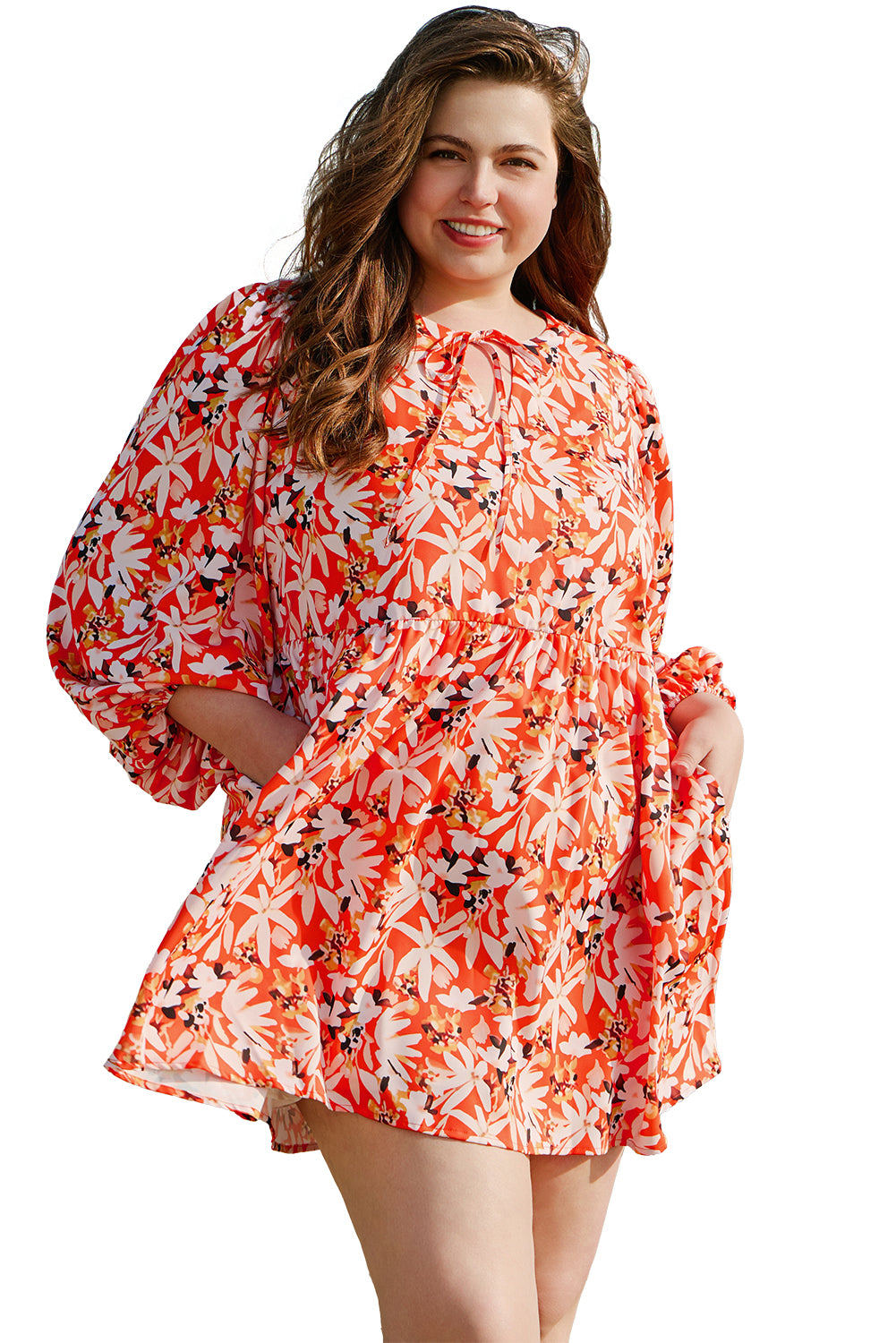 Orange Floral Print Split V Neck Bubble Sleeve Plus Size Midi Dress Plus Size Midi Dresses JT's Designer Fashion