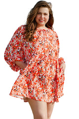 Orange Floral Print Split V Neck Bubble Sleeve Plus Size Midi Dress Plus Size Midi Dresses JT's Designer Fashion
