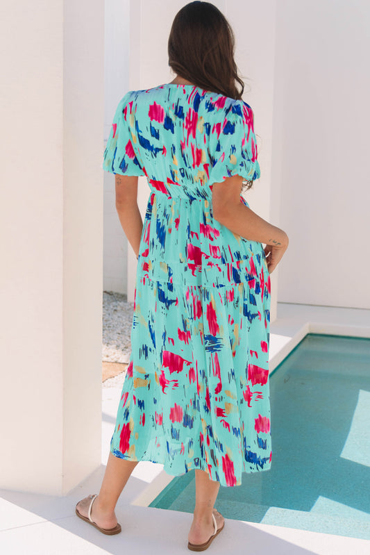 Sky Blue Abstract Print Short Puff Sleeve Tiered Long Dress Maxi Dresses JT's Designer Fashion