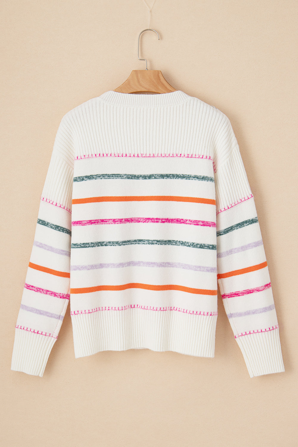 White Colorful Striped Ribbed Trim Sweater Sweaters JT's Designer Fashion