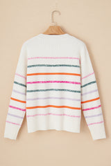 White Colorful Striped Ribbed Trim Sweater Sweaters JT's Designer Fashion