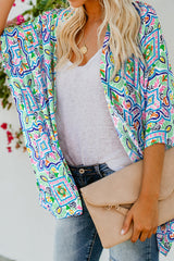 White Boho Floral Printed Rhinestone 3/4 Sleeve Open Front Kimono Kimonos JT's Designer Fashion
