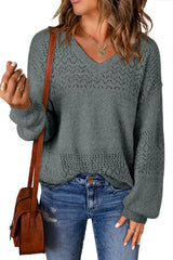 Mist Green Eyelet Pattern Detail V Neck Drop Shoulder Sweater Sweaters JT's Designer Fashion