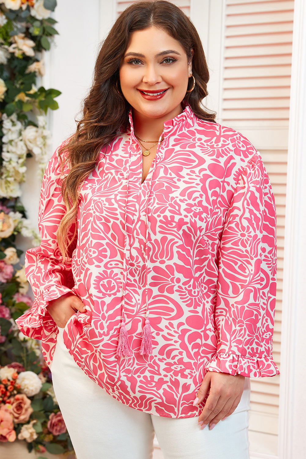 Pink Plus Size Floral Print Frilled Neck Puff Sleeve Top Plus Size Blouses & Shirts JT's Designer Fashion