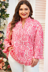 Pink Plus Size Floral Print Frilled Neck Puff Sleeve Top Pink 100%Polyester Plus Size Blouses & Shirts JT's Designer Fashion