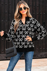 Black Cute Bow Pattern Drop Shoulder Zipped Collar Sweater Black 52%Viscose+26%Polyester+22%Polyamide Sweaters JT's Designer Fashion