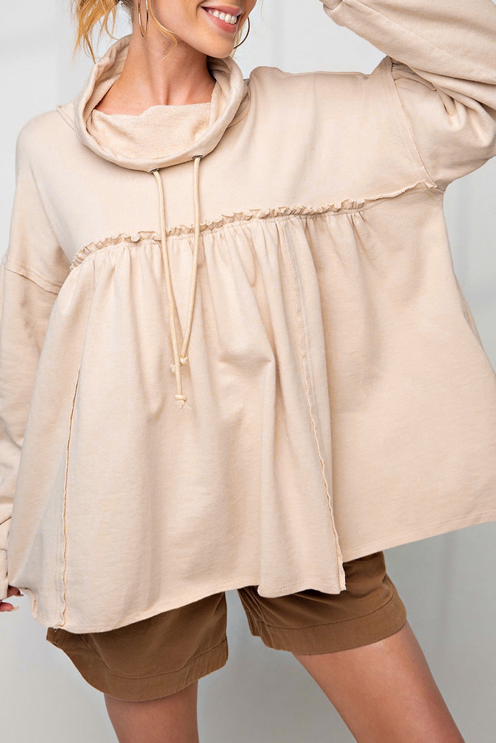 Beige Frill Exposed Seam Cowl Neck Oversized Sweatshirt Sweatshirts & Hoodies JT's Designer Fashion