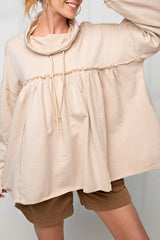 Beige Frill Exposed Seam Cowl Neck Oversized Sweatshirt Sweatshirts & Hoodies JT's Designer Fashion
