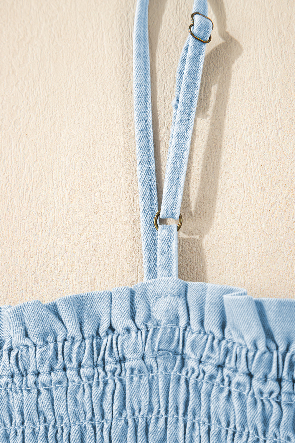 Beau Blue Spaghetti Strap Smocked Denim Romper Jumpsuits & Rompers JT's Designer Fashion