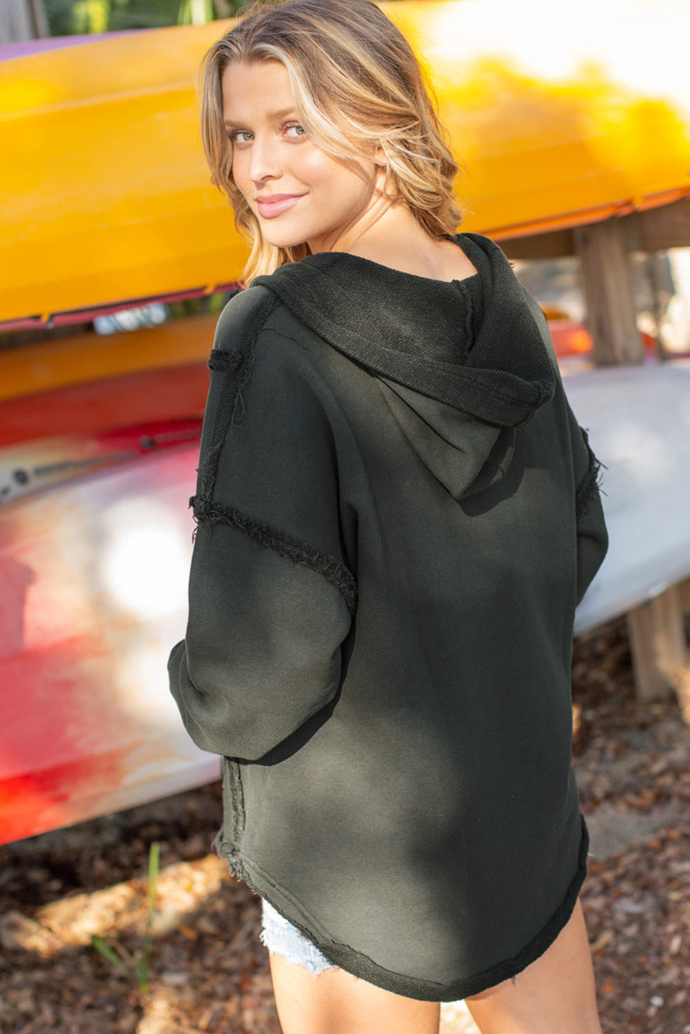 Gray Exposed Seam Raw Edge Hoodie with Pockets Sweatshirts & Hoodies JT's Designer Fashion
