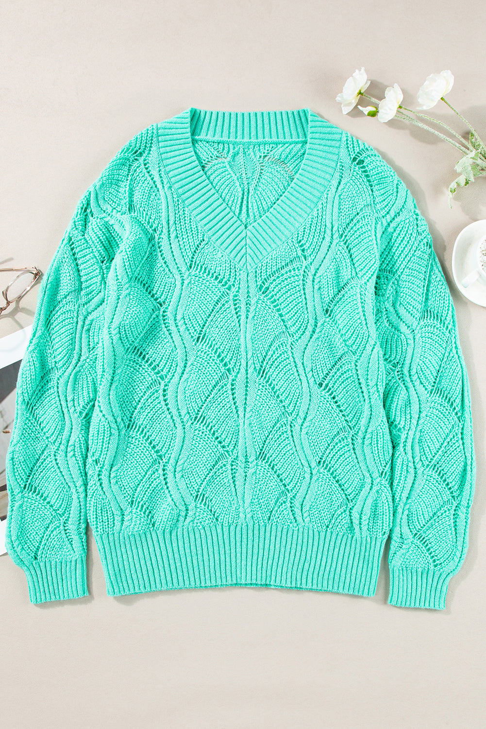 Mint Green Hollow Out Knit V Neck Drop Shoulder Sweater Sweaters JT's Designer Fashion