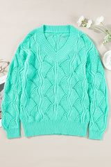 Mint Green Hollow Out Knit V Neck Drop Shoulder Sweater Sweaters JT's Designer Fashion
