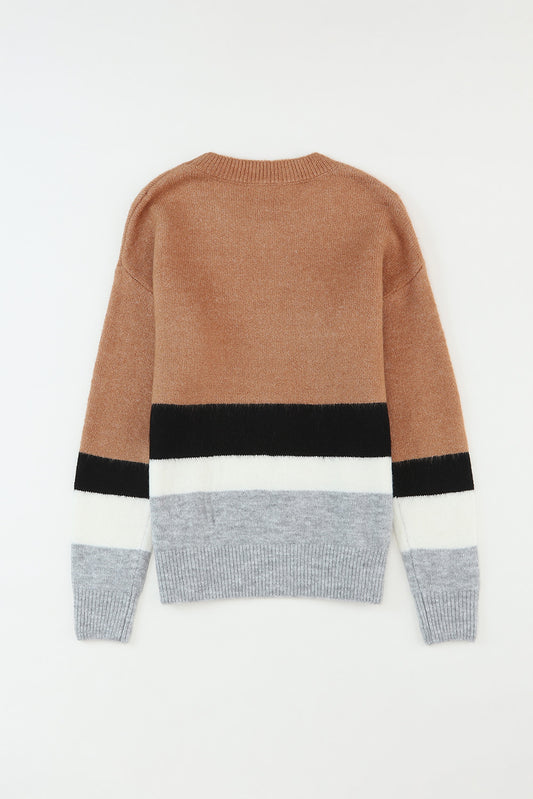 Brown Color Block Striped Ribbed Knit Sweater Sweaters JT's Designer Fashion