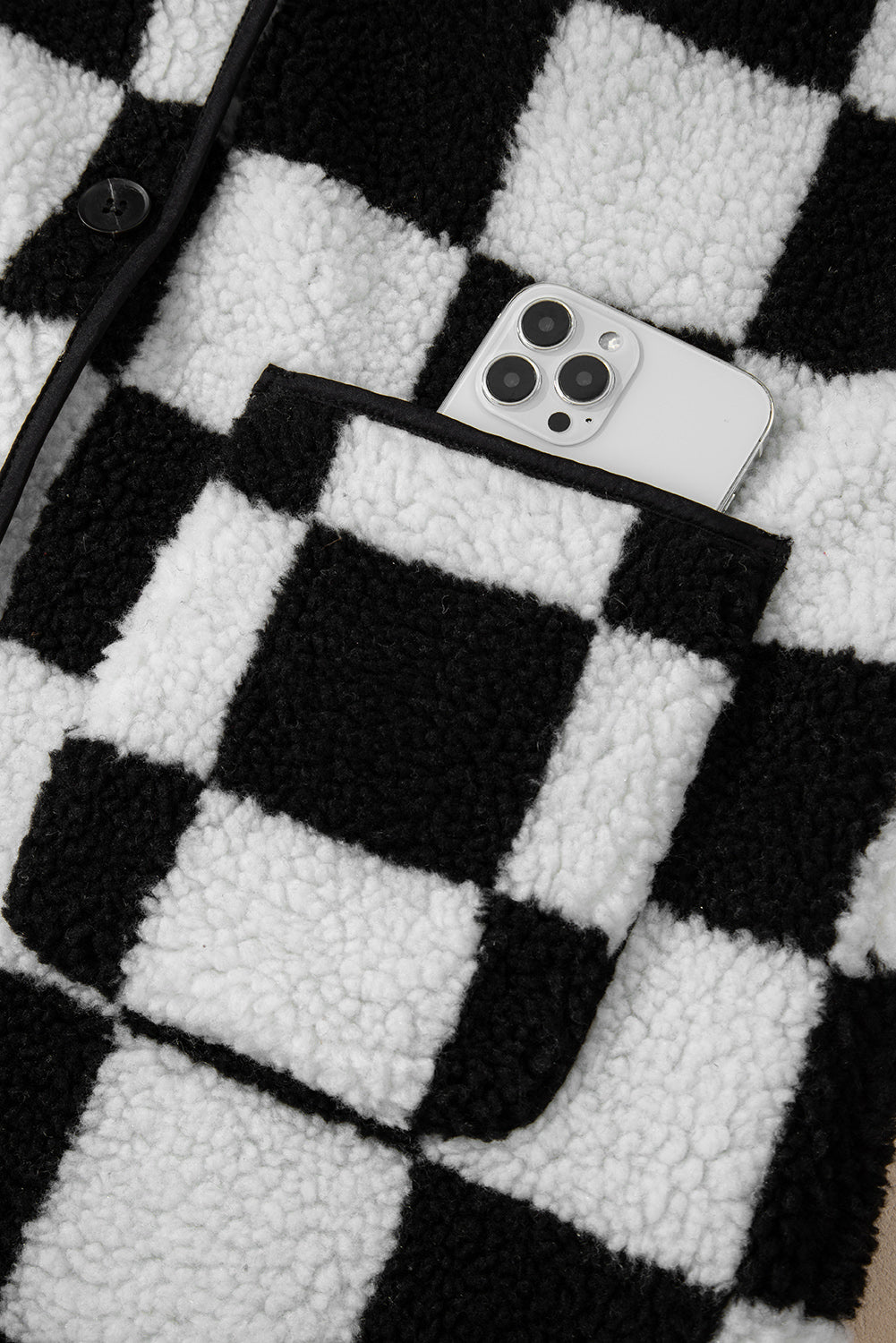 Black Checkered Side Pockets Collared Buttoned Fleece Jacket Jackets JT's Designer Fashion