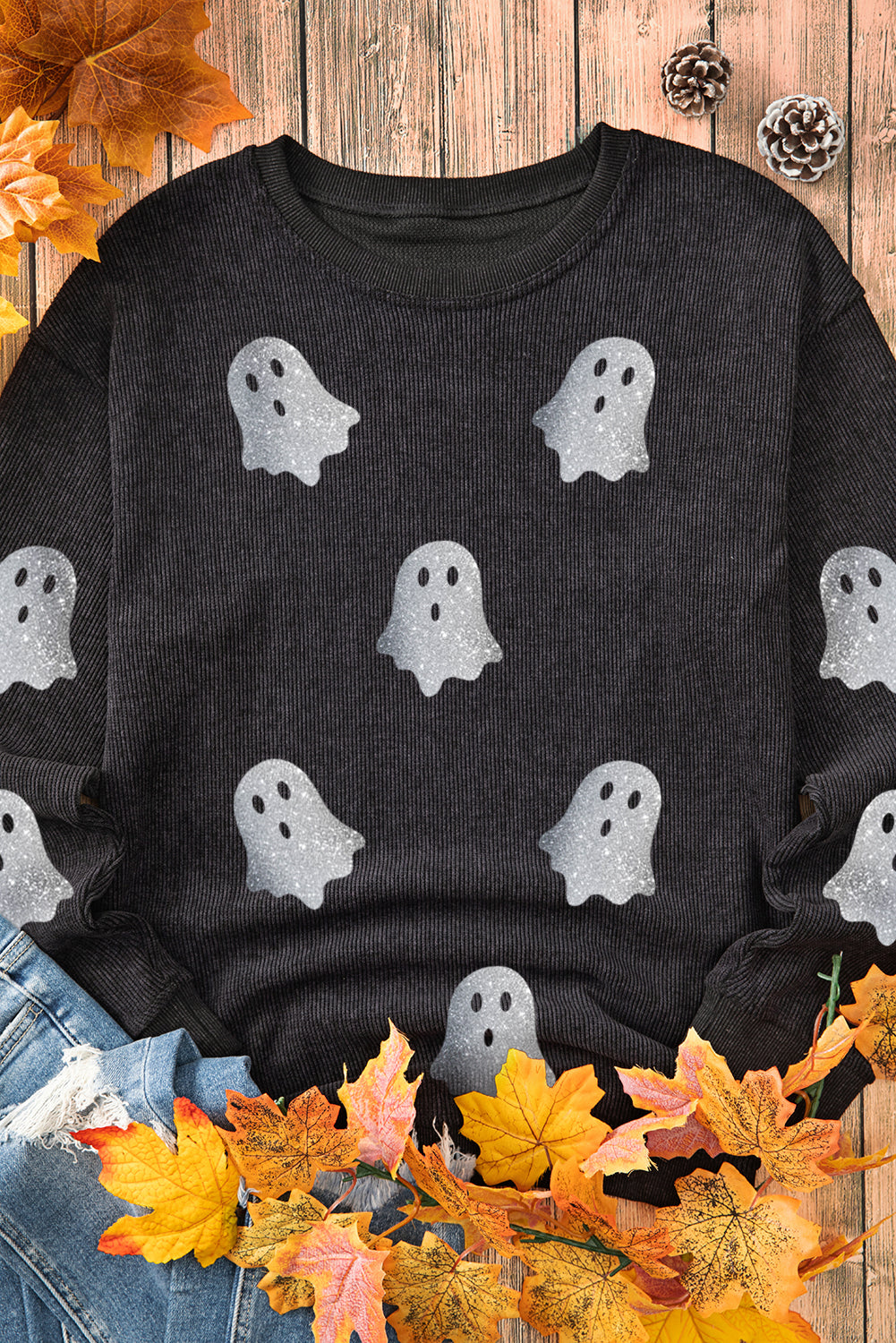 Black Halloween Ghost Corded Crew Neck Loose Sweatshirt Graphic Sweatshirts JT's Designer Fashion