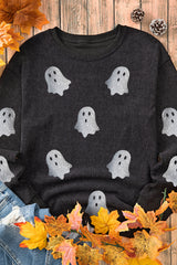 Black Halloween Ghost Corded Crew Neck Loose Sweatshirt Graphic Sweatshirts JT's Designer Fashion