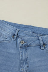 Dusk Blue High Rise Asymmetric Button Zip Fly Ripped Jeans Jeans JT's Designer Fashion