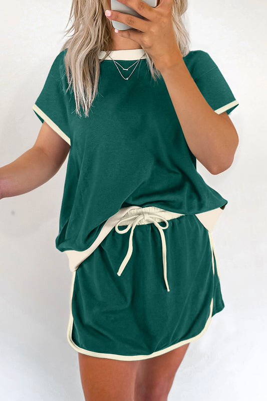 Evergreen Colorblock Edge Drop Shoulder T Shirt and Skirt 2Pcs Set Two Piece Dresses JT's Designer Fashion