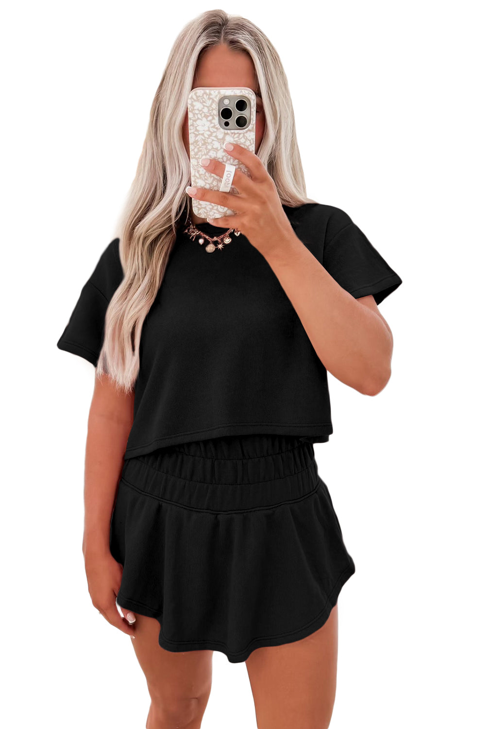 Black 2pcs Cropped Tee and Ruffle High Waist Skort Set Short Sets JT's Designer Fashion