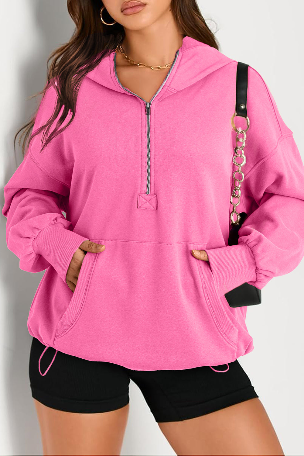 Bonbon Solid Kangaroo Pocket Half Zipper Oversized Hoodie Sweatshirts & Hoodies JT's Designer Fashion