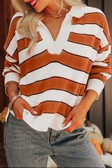 Brown Stripe Ribbed Polo Collar Drop Shoulder Sweater Sweaters JT's Designer Fashion