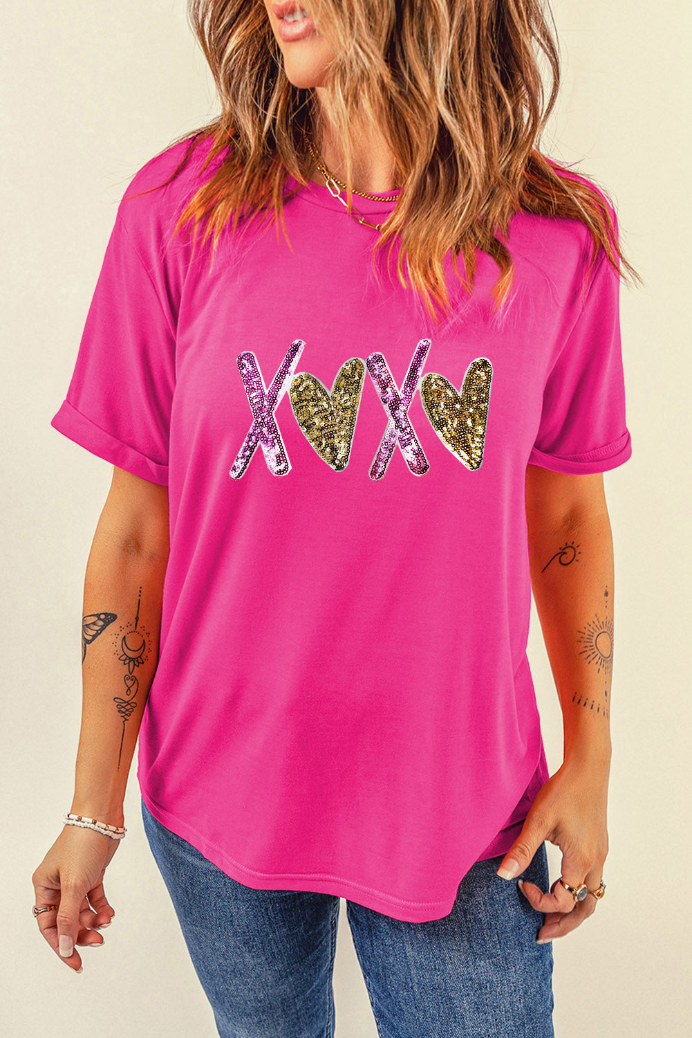Rose Red Heart XOXO Graphic Crewneck Valentines T Shirt Graphic Tees JT's Designer Fashion