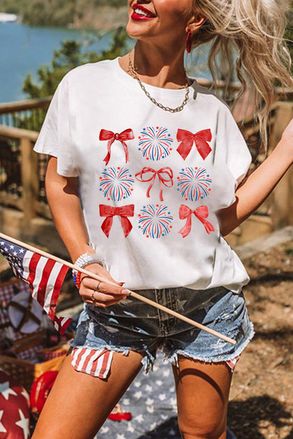 White July 4th Celerbration Bowknot Firework Graphic Tee Graphic Tees JT's Designer Fashion