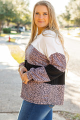 Black Leopard Print Colorblock V Neck Long Sleeve Plus Size Top Plus Size Long Sleeve Tops JT's Designer Fashion