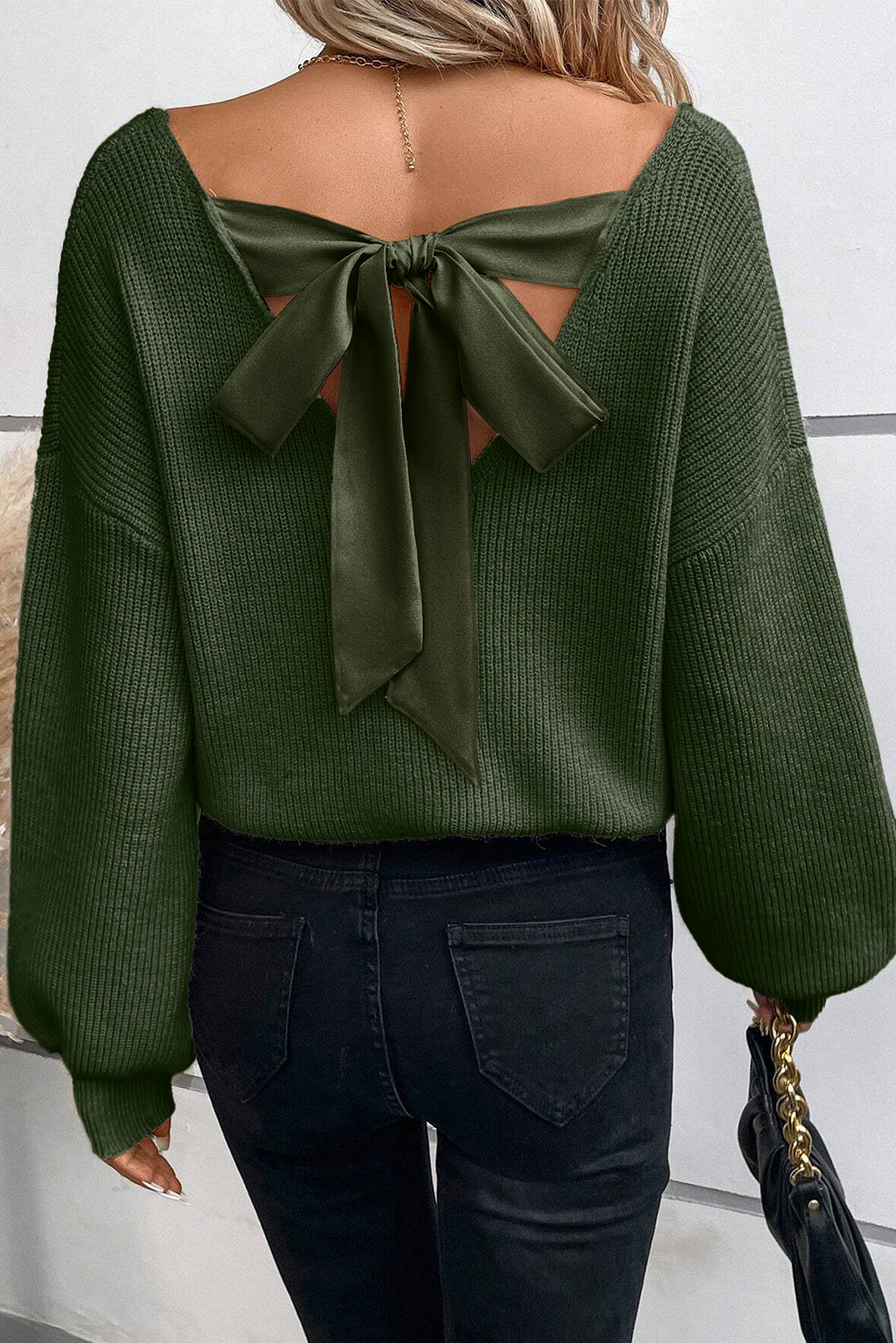 Jungle Green Lantern Sleeve V Neck Knot Back Sweater Sweaters JT's Designer Fashion