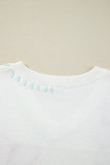 White Big Flower Pattern V Neck Drop Shoulder Sweater Sweaters JT's Designer Fashion