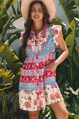 Rose Floral Mixed Pattern Ruffle Flutter Sleeve Buttoned Dress Rose 100%Polyester Floral Dresses JT's Designer Fashion