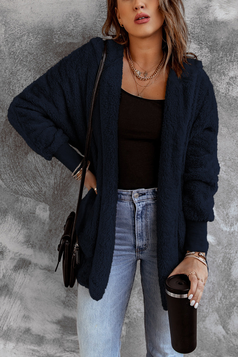 Blue Pink Soft Fleece Hooded Open Front Jacket Blue 95%Polyester+5%Spandex Jackets JT's Designer Fashion