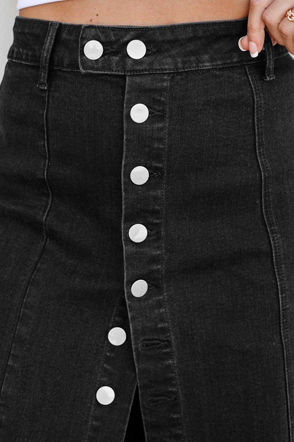 Black Button Fly Side Split High Waist Denim Midi Skirt Skirts & Petticoat JT's Designer Fashion