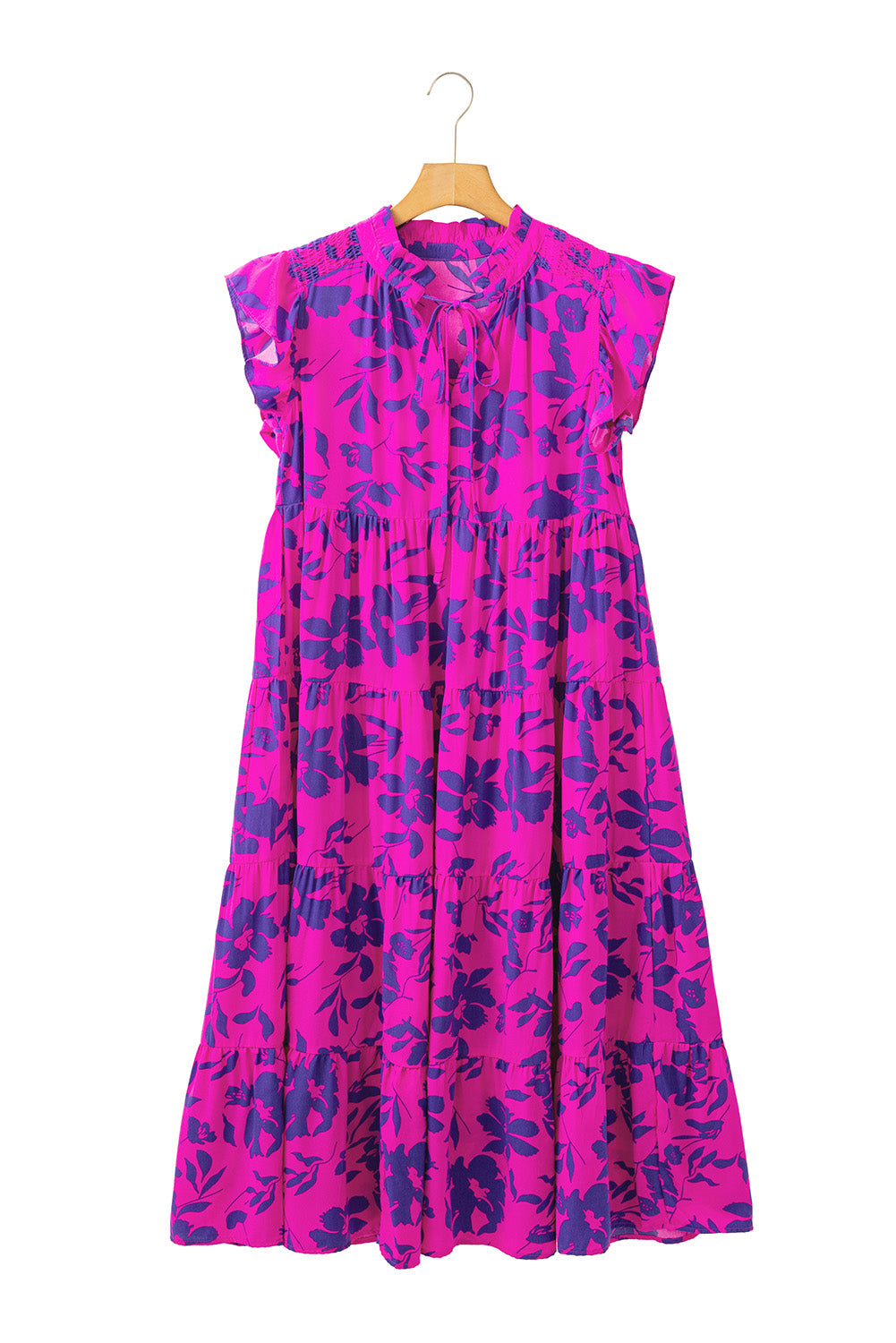 Rose Floral Print Tiered Frilled Trim Flutter Sleeve Maxi Dress Floral Dresses JT's Designer Fashion