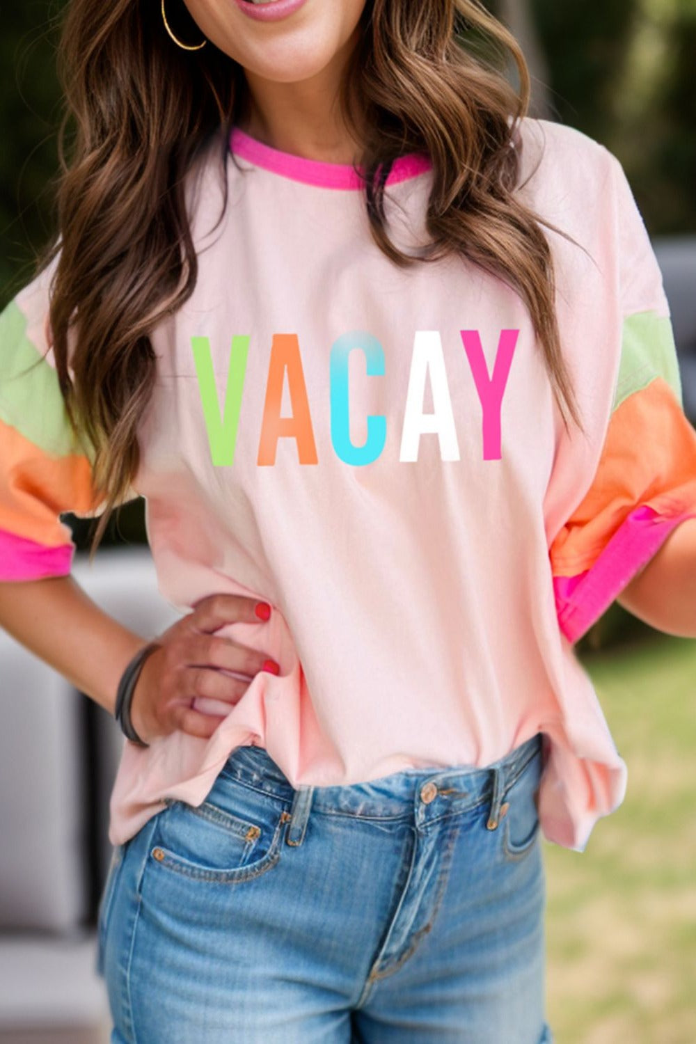 Letter Graphic Color Block Round Neck Half Sleeve T-Shirt Watermelon pink Graphic Tees JT's Designer Fashion