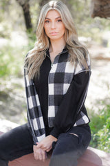Black Checkboard Patchwork Exposed Stitching Collared Top Long Sleeve Tops JT's Designer Fashion
